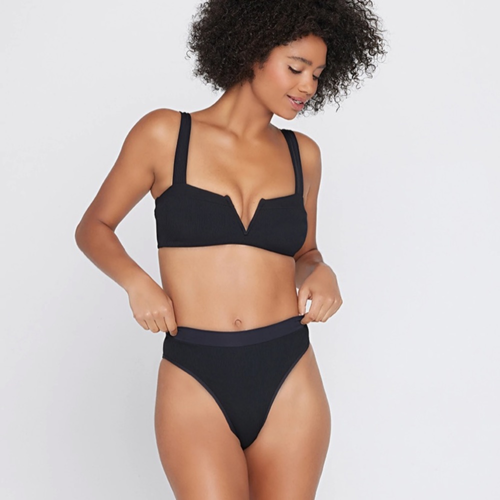 Black two piece, ribbed high waisted bathing suit
